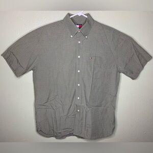 Vintage 90s Tommy Hilfiger Mens Size Large Olive Green Grid Button Down Shirt